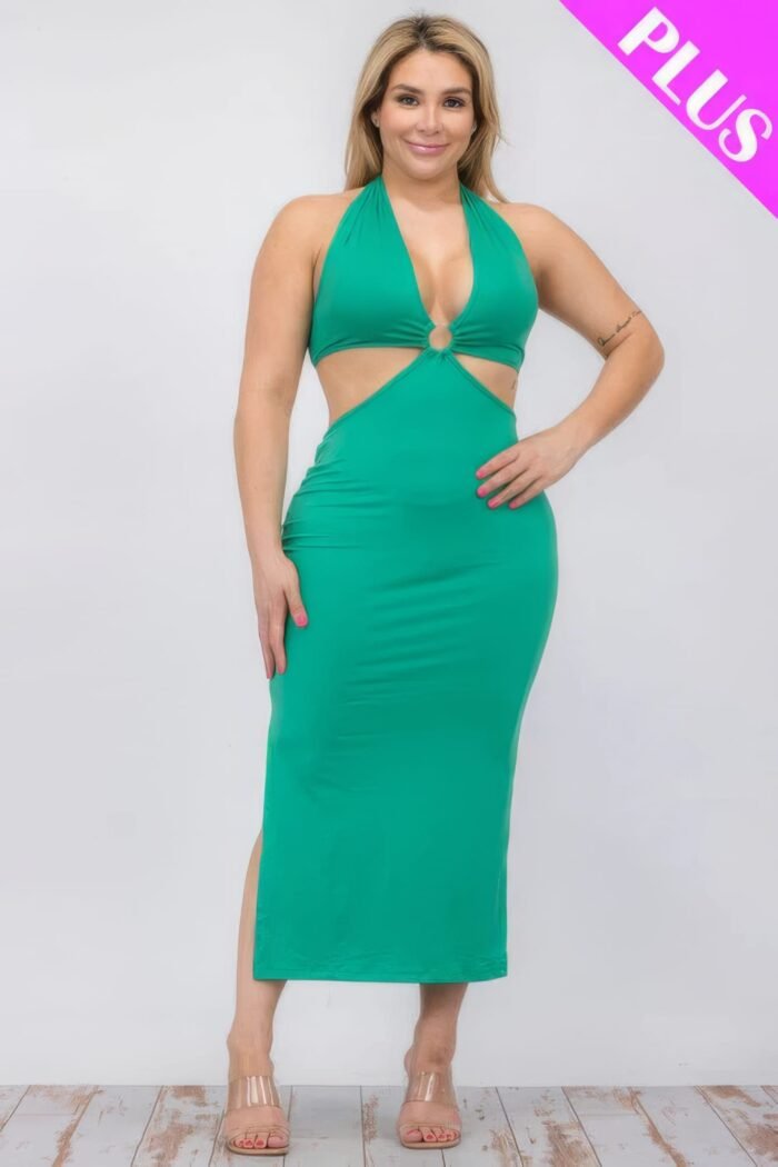 Plus size cut-out halter neck double back tie split thigh midi dress - image 5