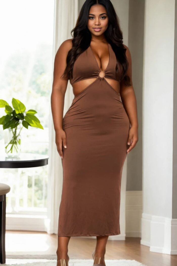 Plus size cut-out halter neck double back tie split thigh midi dress - image 1