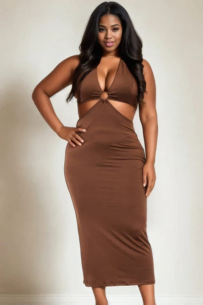 Plus size cut-out halter neck double back tie split thigh midi dress - image 2