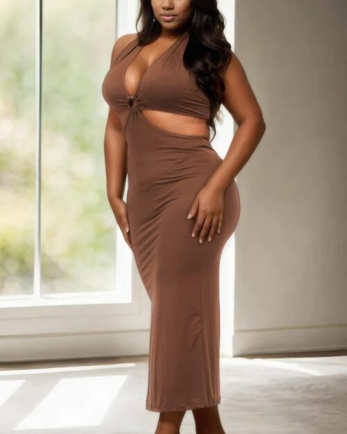 plus size cut-out halter neck double back tie split thigh midi dress