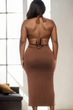 Plus Size Cut-out Halter Neck Double Back Tie Split Thigh Midi Dress - Image 4