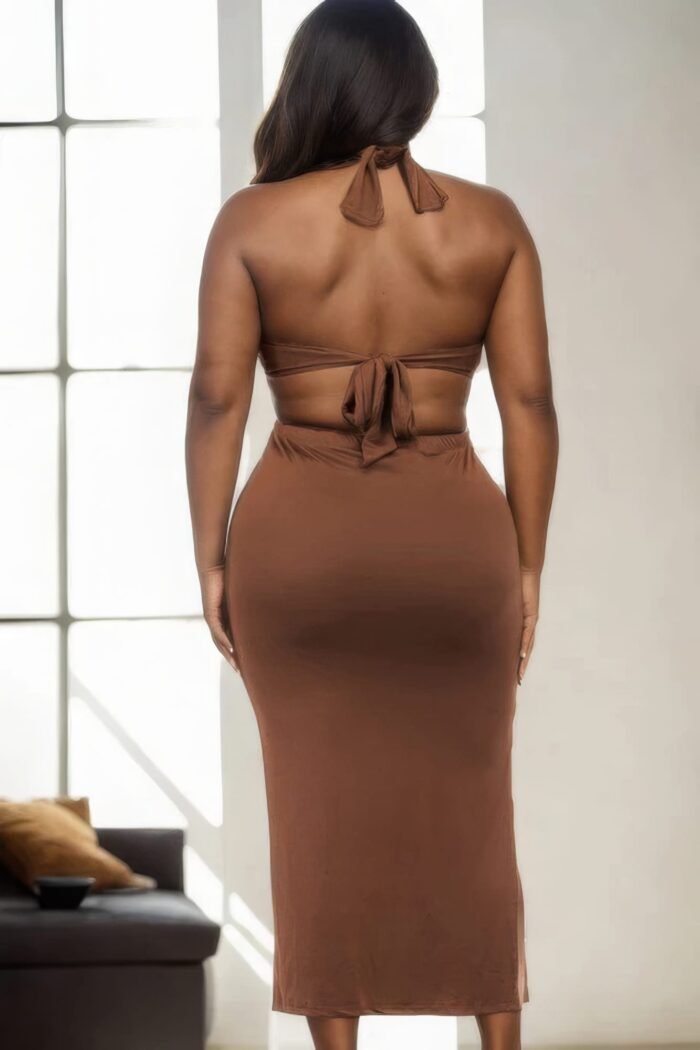 Plus size cut-out halter neck double back tie split thigh midi dress - image 4