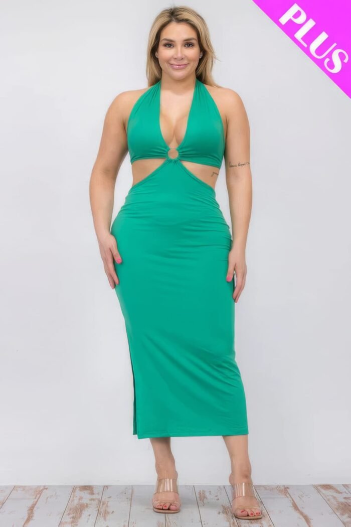 Plus size cut-out halter neck double back tie split thigh midi dress - image 6