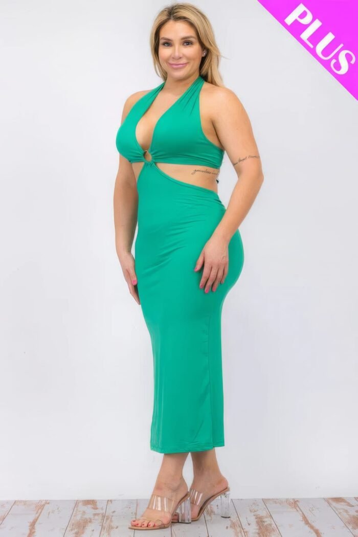Plus size cut-out halter neck double back tie split thigh midi dress - image 7
