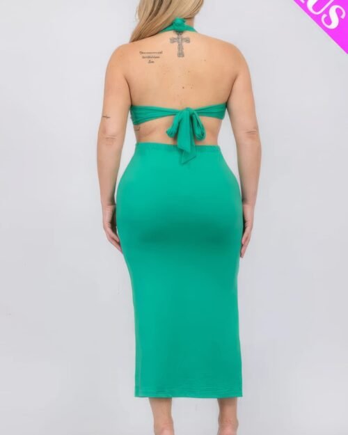 plus size cut-out halter neck double back tie split thigh midi dress