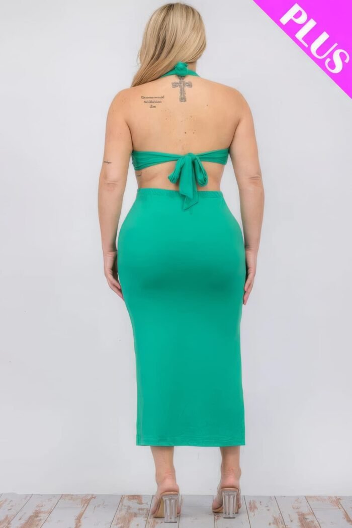 Plus size cut-out halter neck double back tie split thigh midi dress - image 9