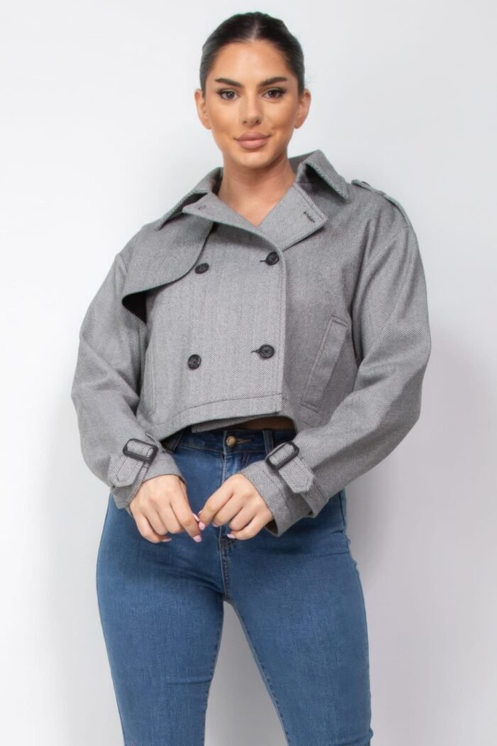 Notch buckled sleeve crop trench coat