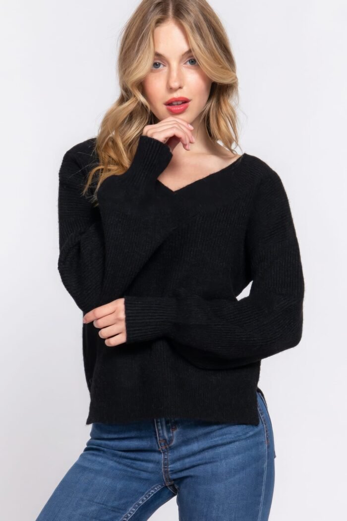Long slv double v-neck sweater