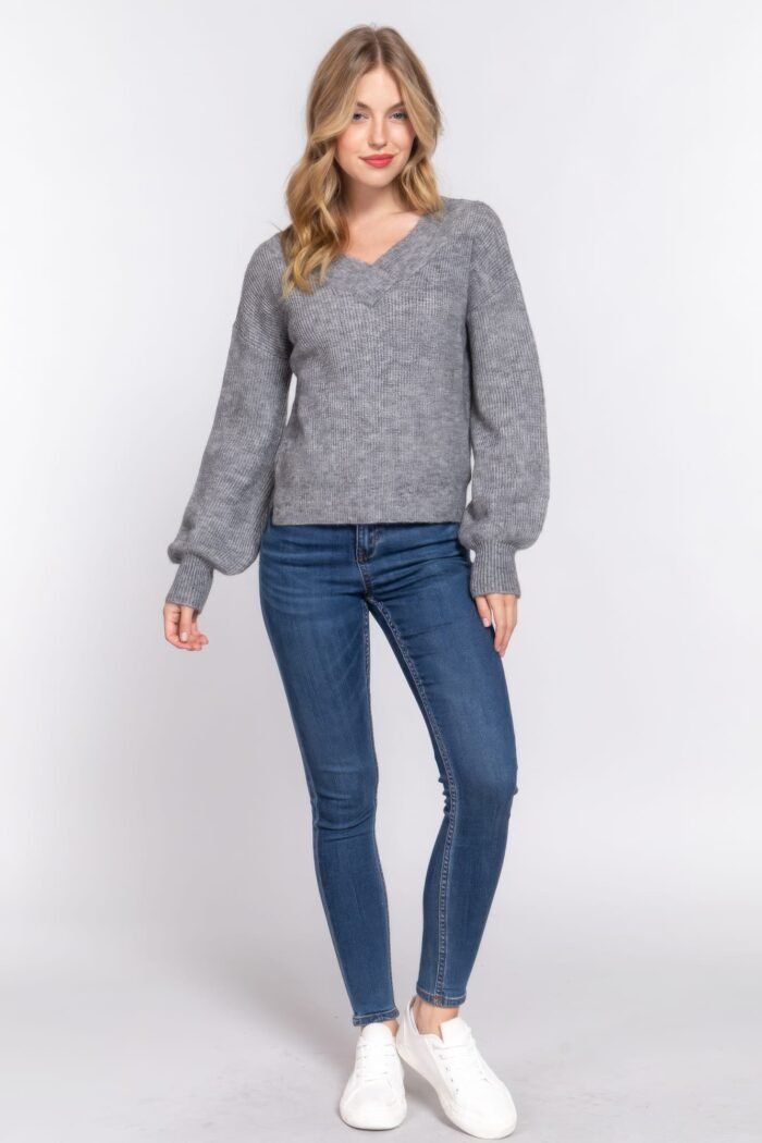 Long slv double v-neck sweater