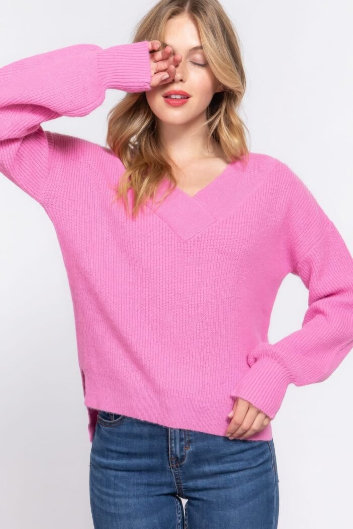 Long slv double v-neck sweater