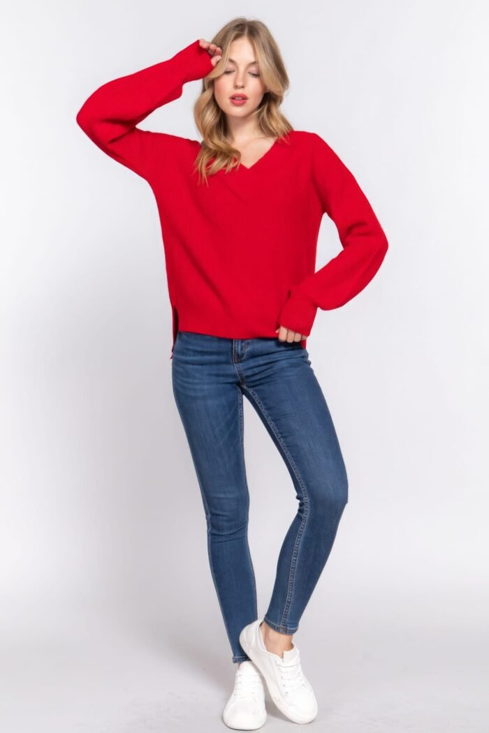 Long slv double v-neck sweater