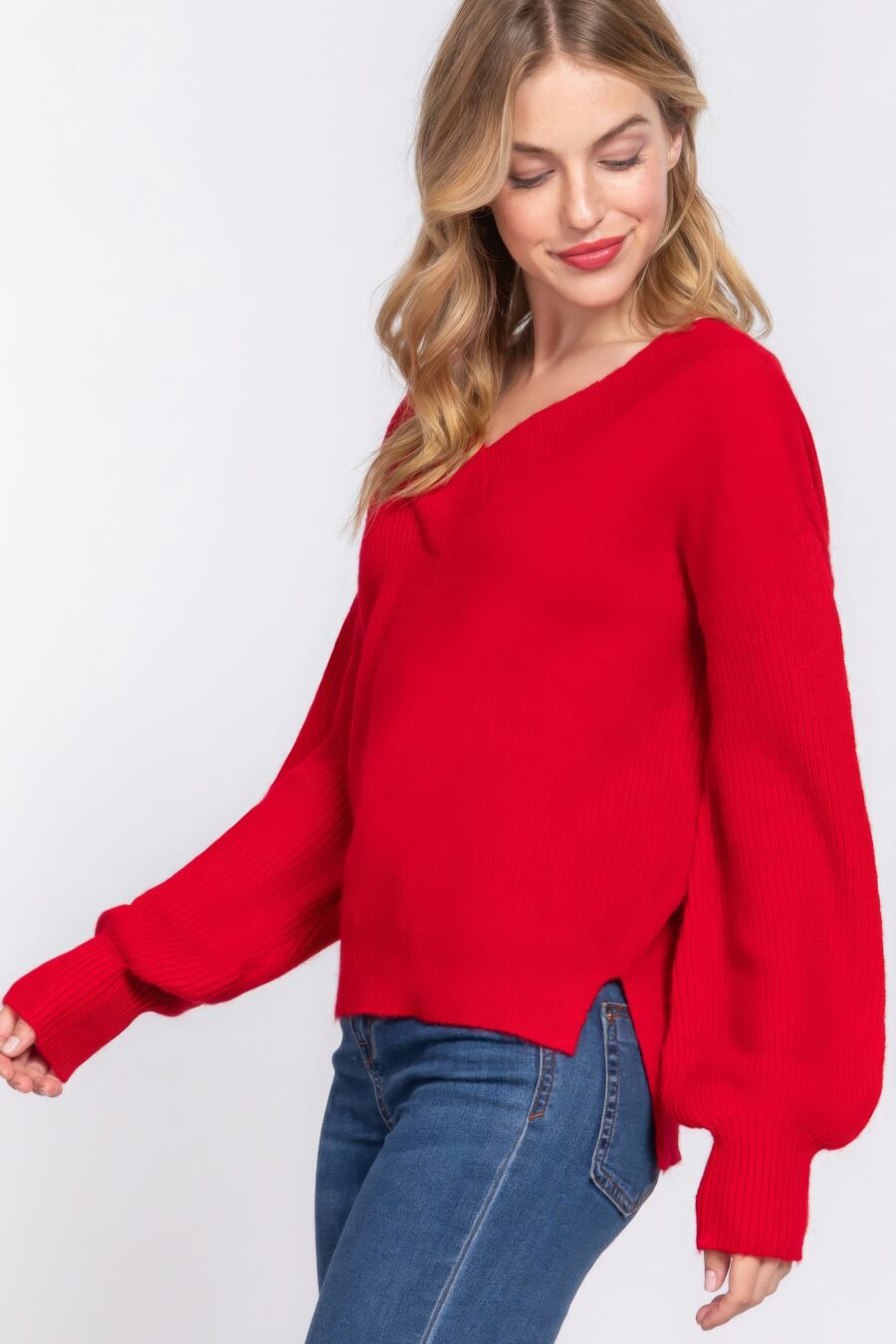 Long slv double v-neck sweater