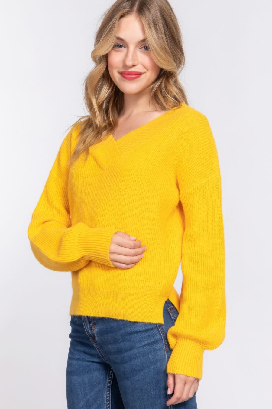 Long slv double v-neck sweater