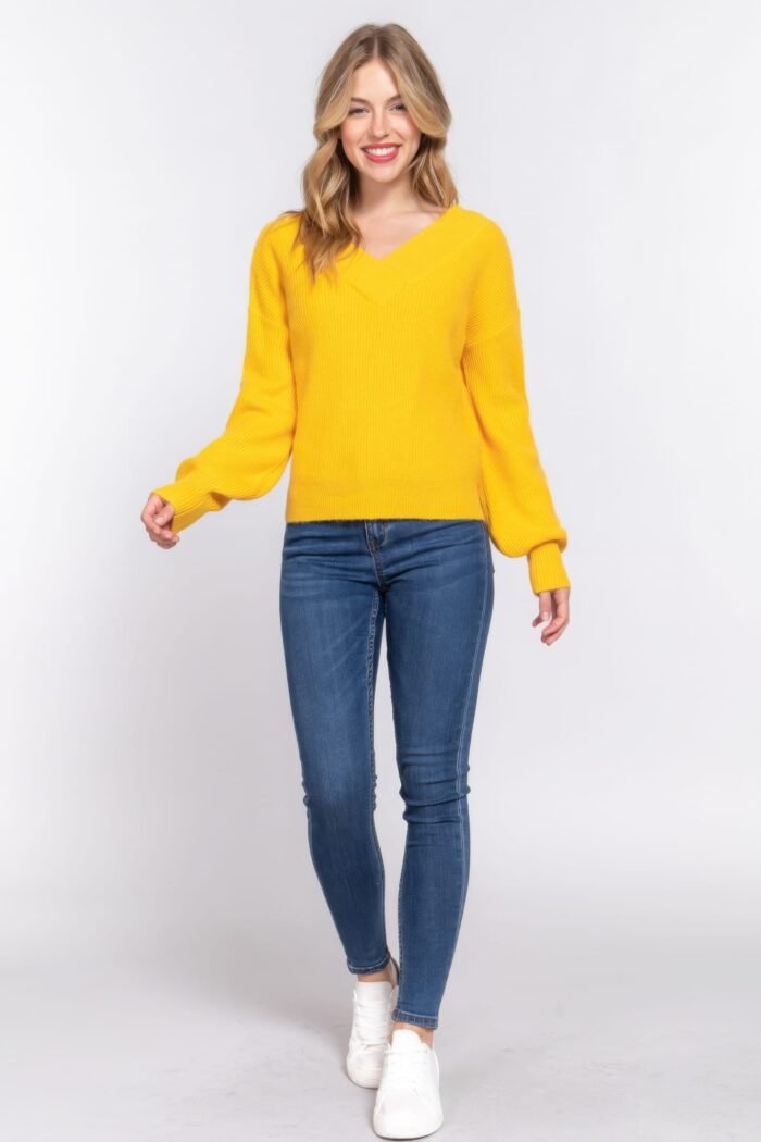 Long slv double v-neck sweater