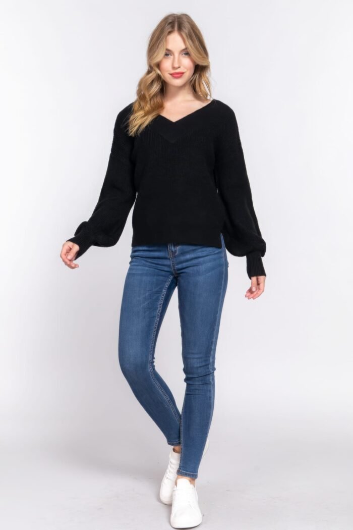 Long slv double v-neck sweater