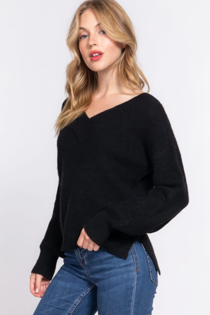 Long slv double v-neck sweater