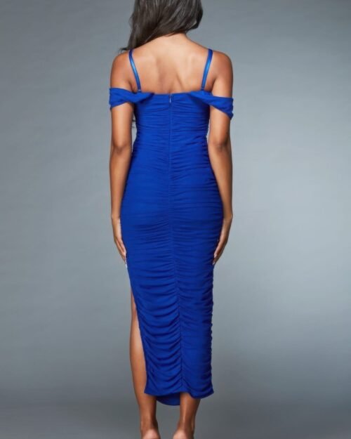 mesh midi dress – off-shoulder ruched evening dress