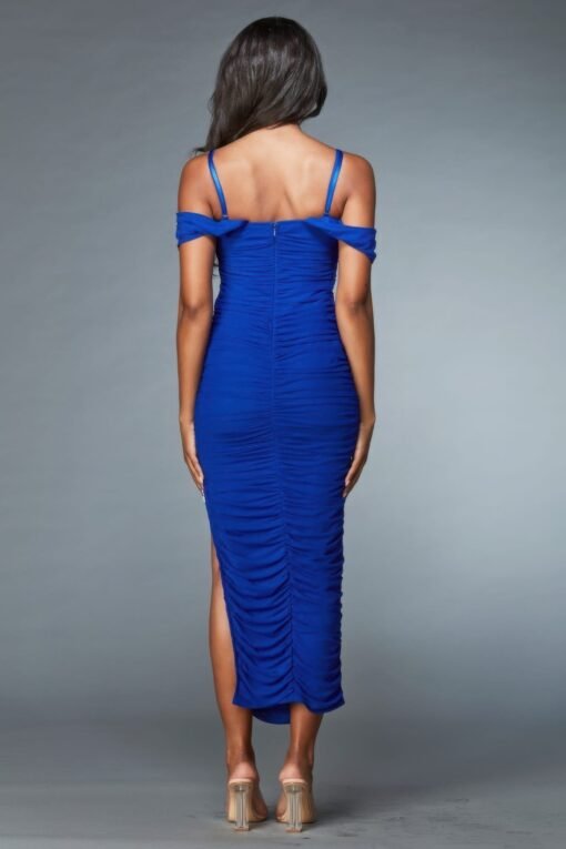 Mesh Midi Dress – Off-Shoulder Ruched Evening Dress