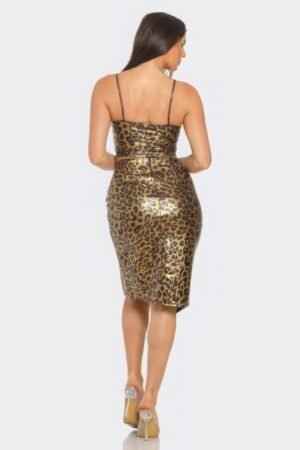Pu Cheetah Print Top & Front Wrap Slit Skirt Set Pu Cheetah Print Top & Front Wrap Slit Skirt Set