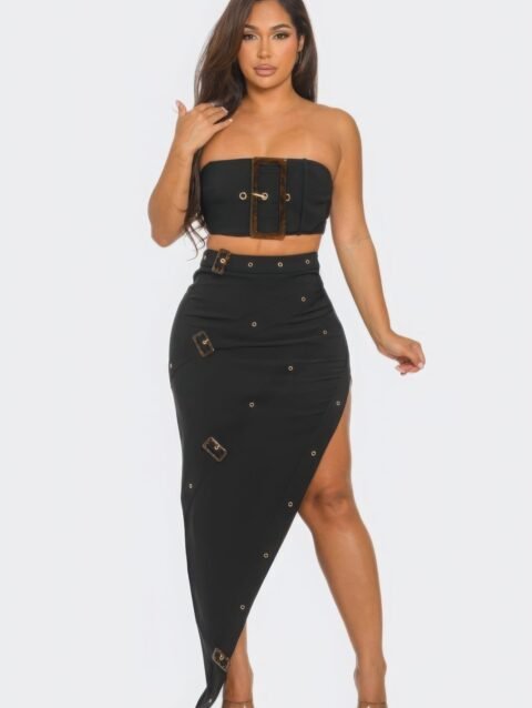 Front Eyelet Buckle Belt Top And Skirt Set