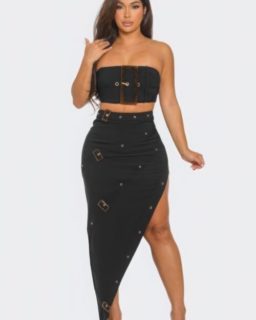 Front Eyelet Buckle Belt Top And Skirt Set