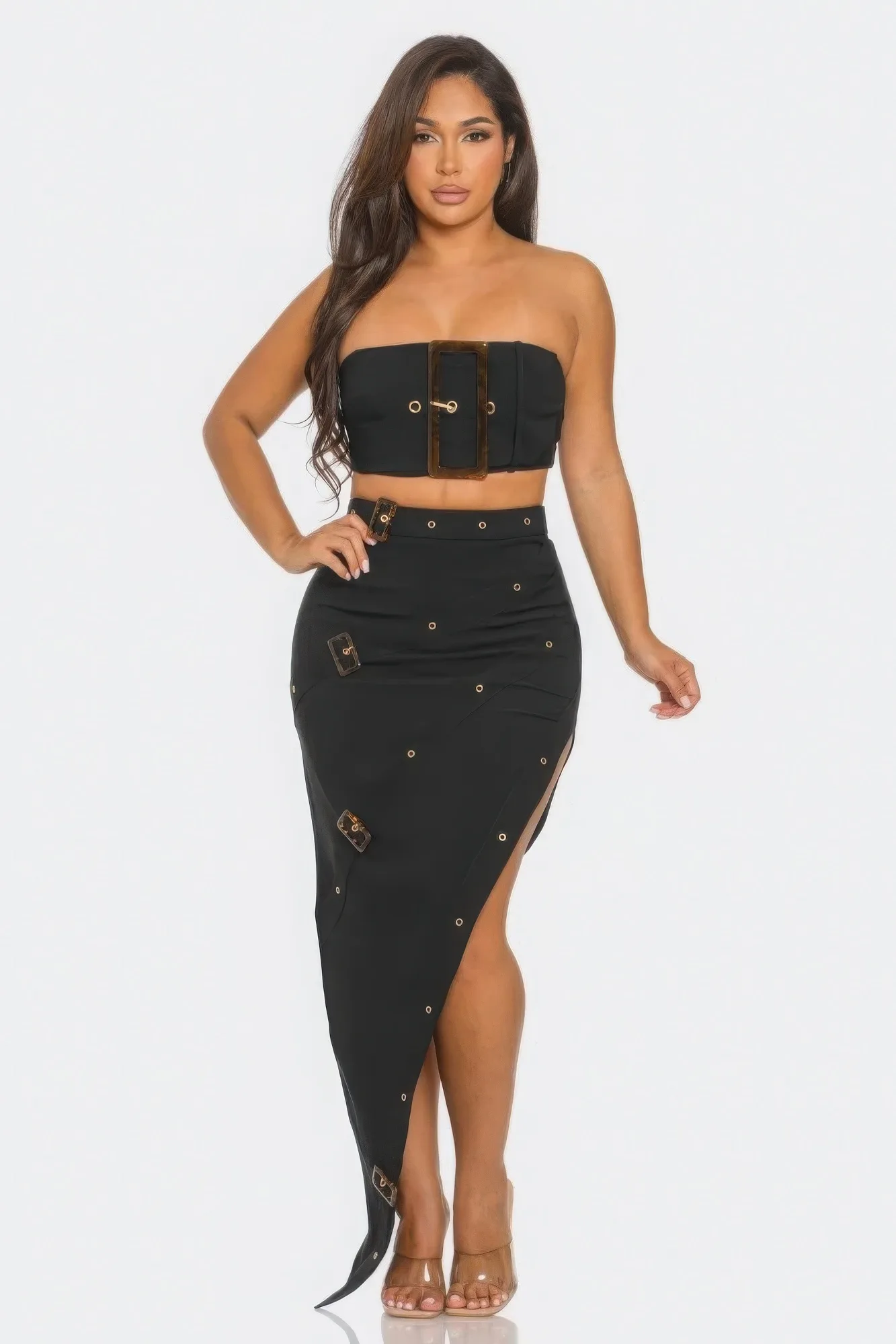 Front eyelet buckle belt top and skirt set - image 2