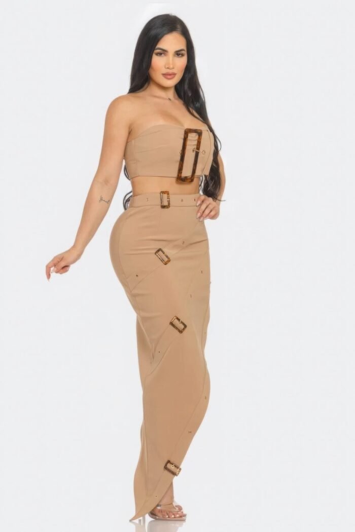 Front eyelet buckle belt top and skirt set