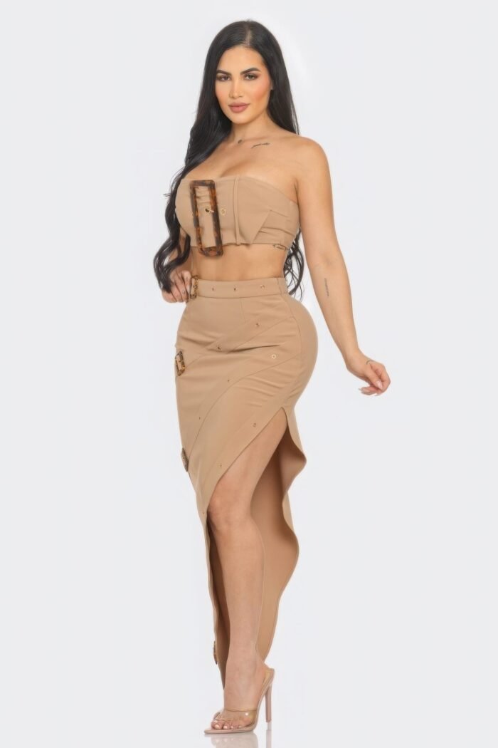 Front eyelet buckle belt top and skirt set