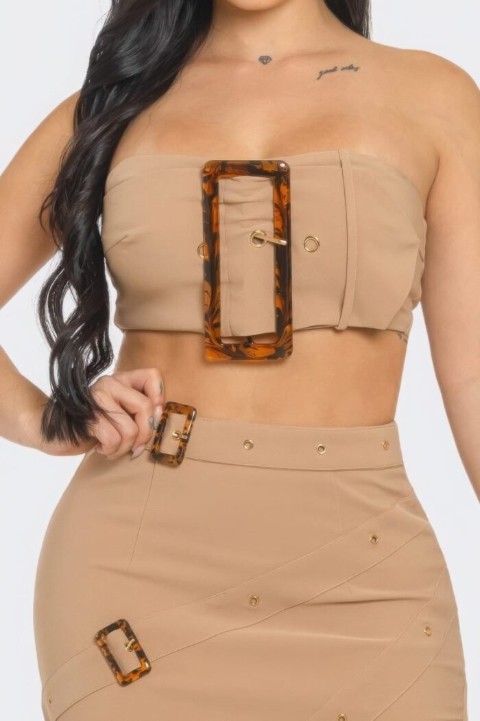 Front eyelet buckle belt top and skirt set