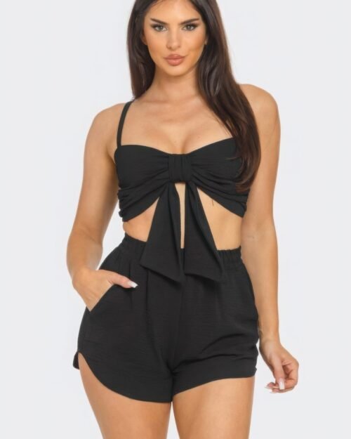 front oversized bow twisted tie top and shorts set