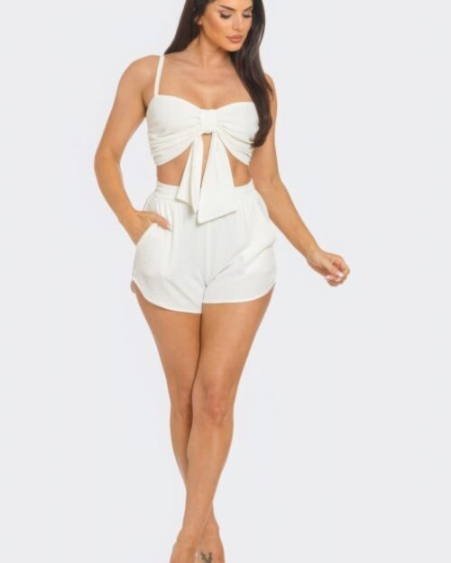 front oversized bow twisted tie top and shorts set
