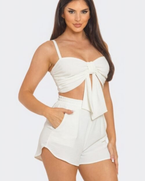 front oversized bow twisted tie top and shorts set