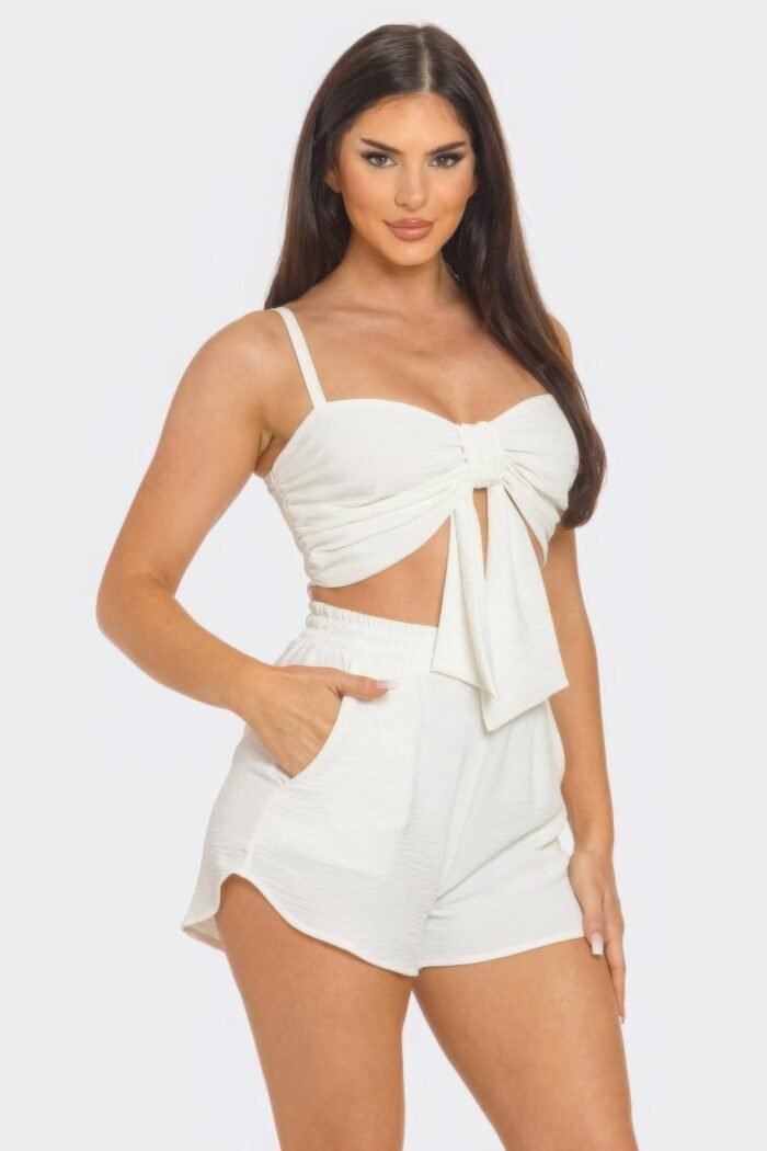Front oversized bow twisted tie top and shorts set