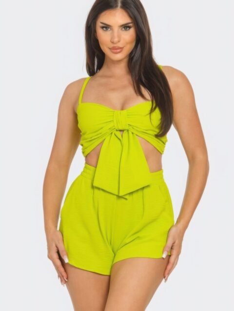 Front Oversized Bow Twisted Tie Top And Shorts Set