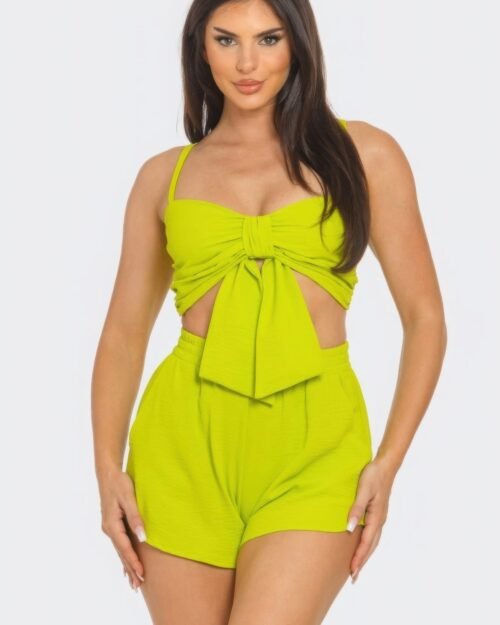 Front Oversized Bow Twisted Tie Top And Shorts Set