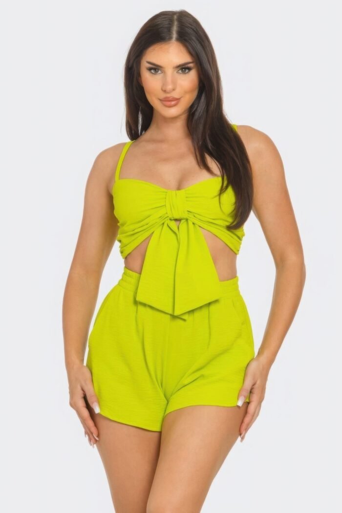 Front oversized bow twisted tie top and shorts set