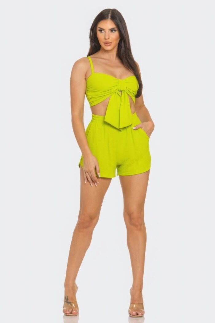 Front oversized bow twisted tie top and shorts set