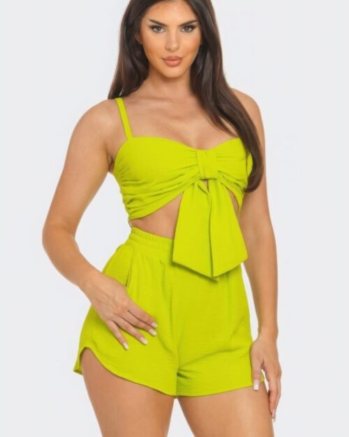 front oversized bow twisted tie top and shorts set