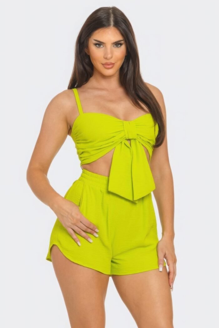 Front oversized bow twisted tie top and shorts set