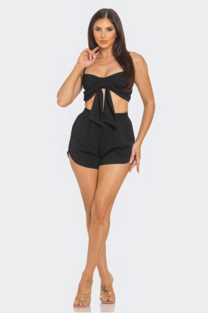 Front oversized bow twisted tie top and shorts set
