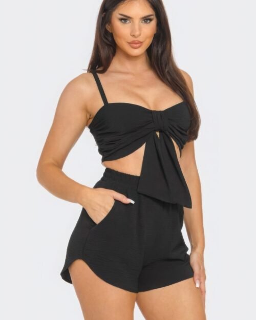 front oversized bow twisted tie top and shorts set