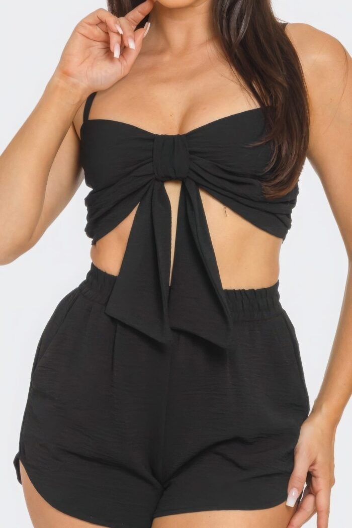 Front oversized bow twisted tie top and shorts set