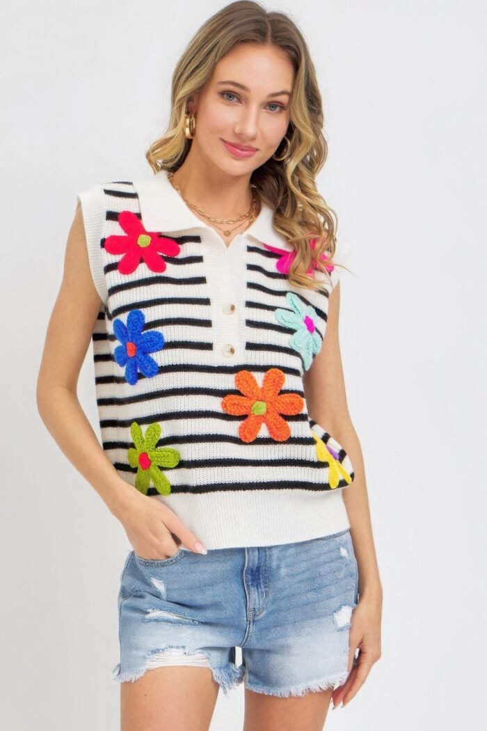 Flower patch stripe knit top