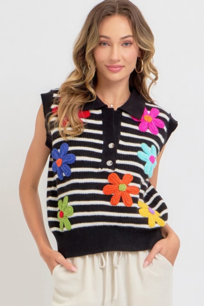 Flower patch stripe knit top