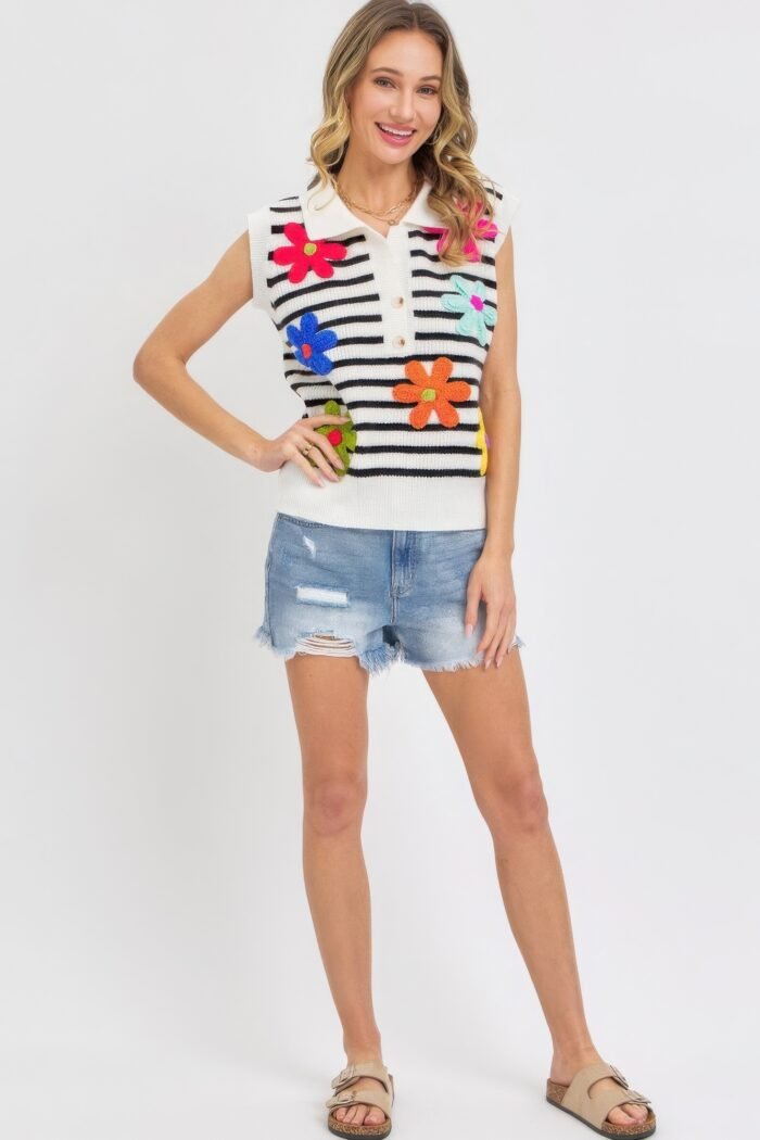 Flower patch stripe knit top