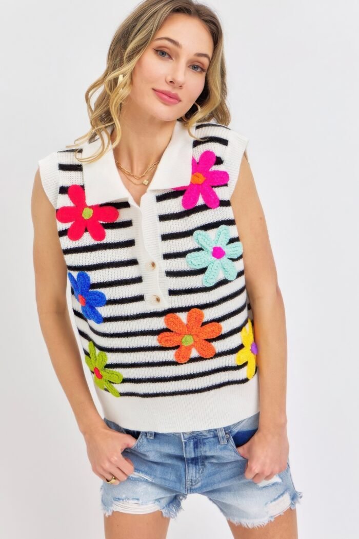 Flower patch stripe knit top