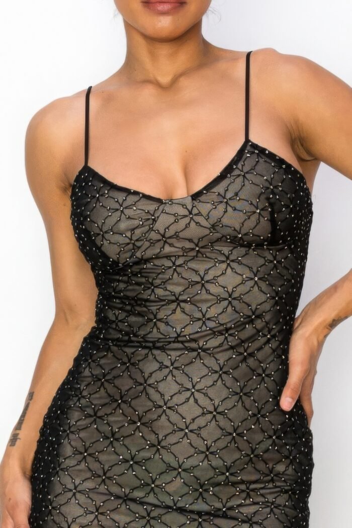Black mesh mini dress with sequinbs