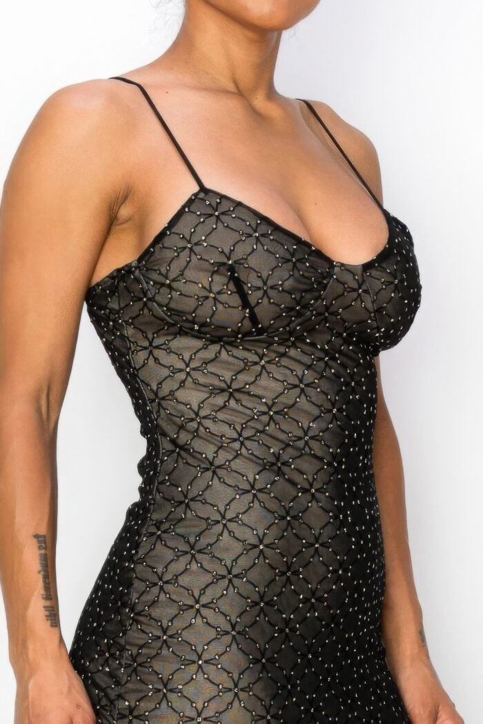 Black mesh mini dress with sequinbs