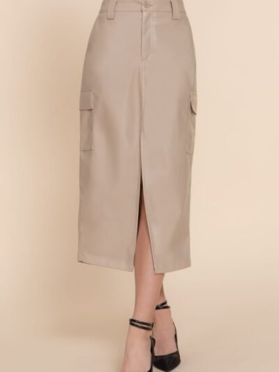Faux Leather Midi Cargo Skirt
