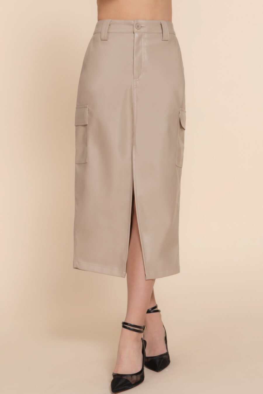 Faux leather midi cargo skirt